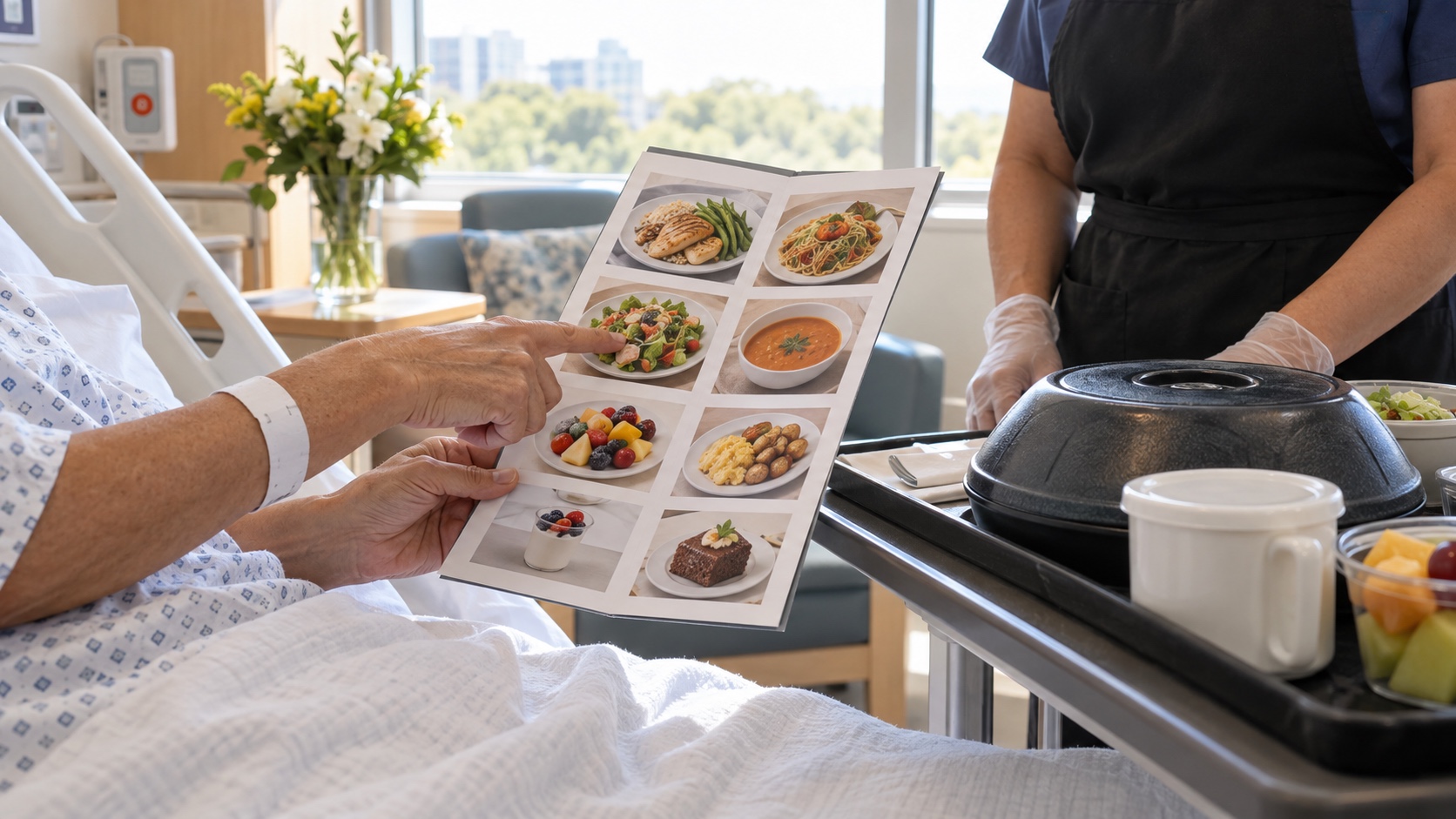 Editorial illustration of a patient choosing from a pictorial bedside menu as a food-service worker holds an insulated tray.