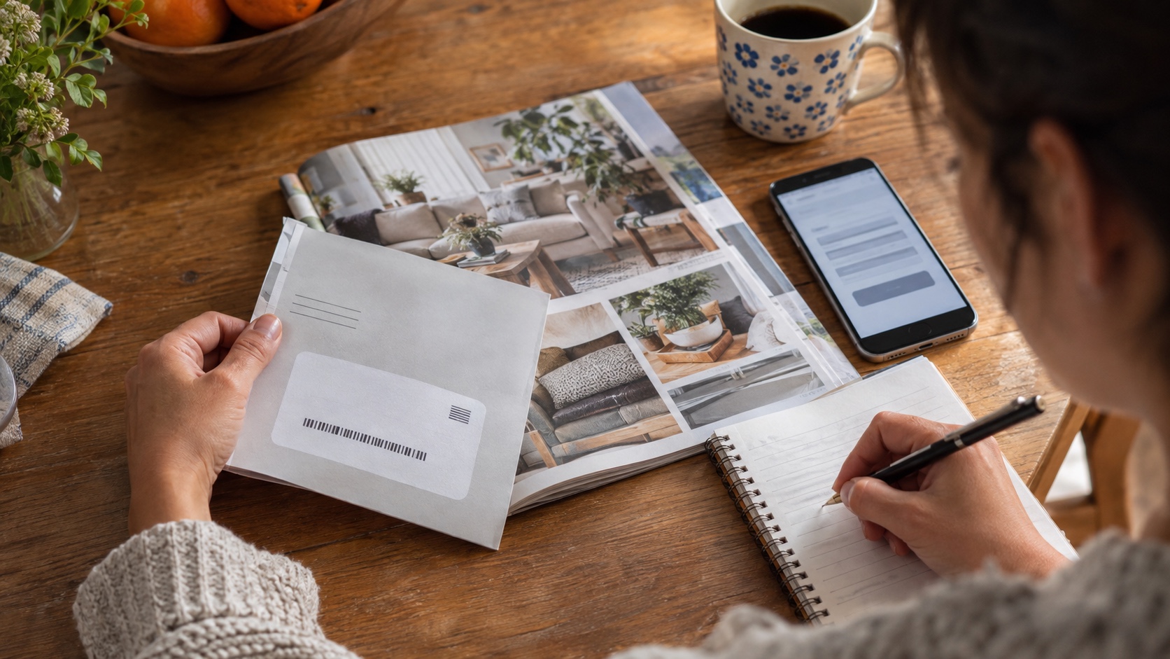 Person recording details from an unwanted generic catalog beside an online opt-out form.