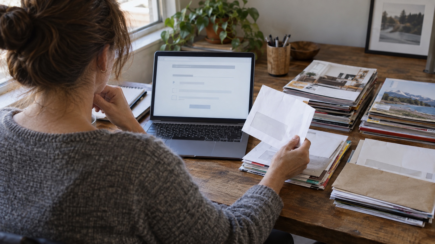 Person sorting generic catalogs and advertising envelopes while reviewing an online preference form.