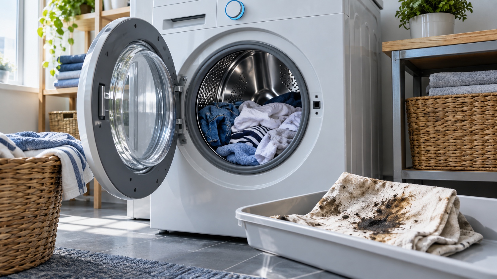 Open front-loading washer filled with everyday clothes beside a separate tray holding a heavily soiled cloth.