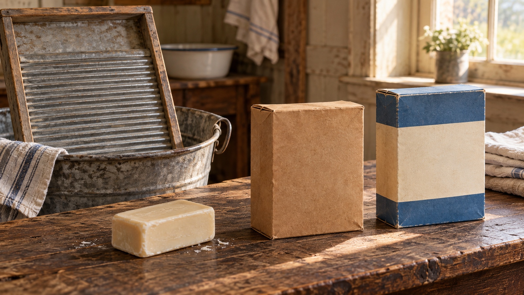 Historical laundry still life with a washboard, soap bar, metal tub, and two blank period-style detergent cartons.