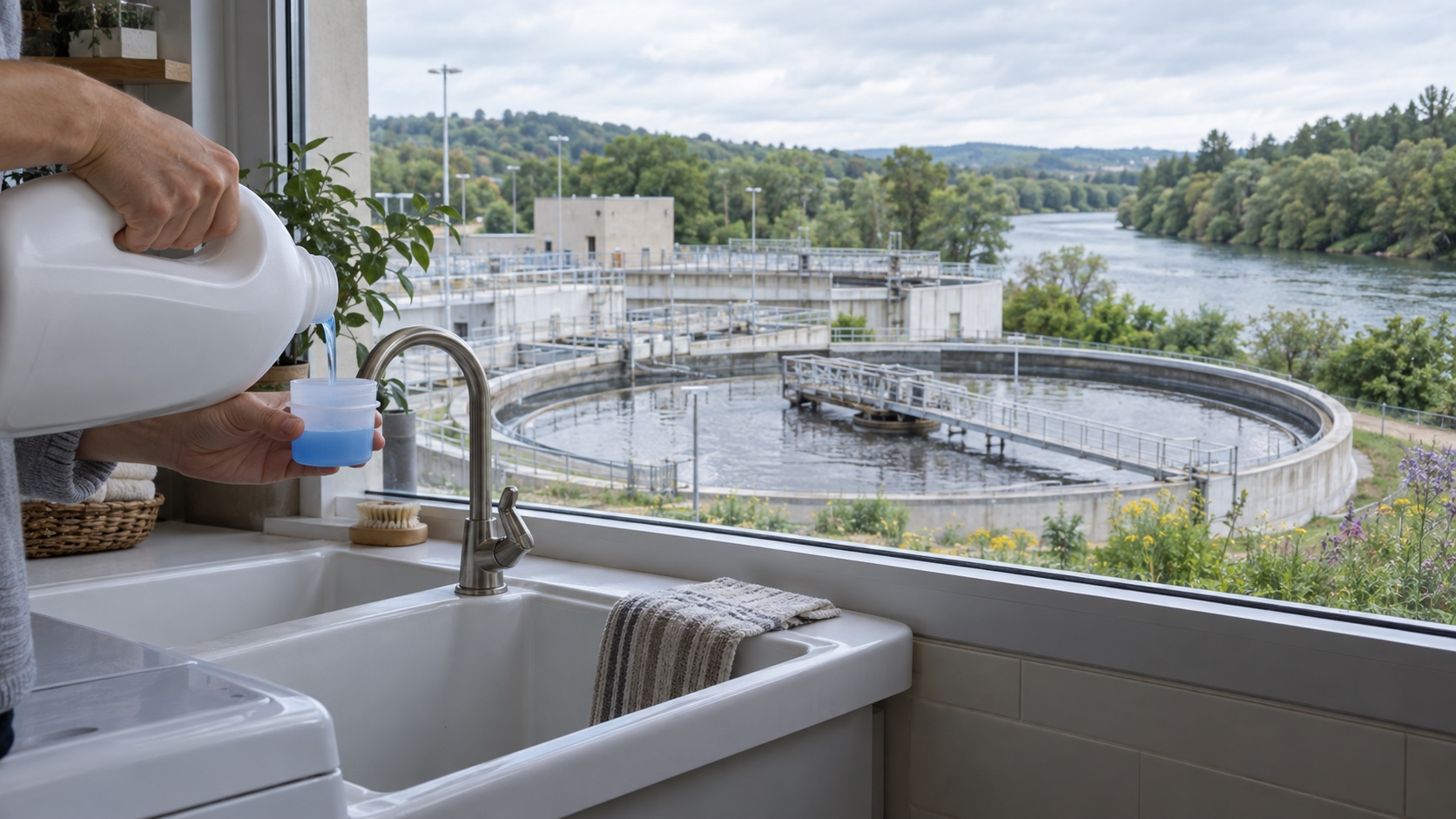 Measured detergent beside a utility sink with a municipal wastewater treatment basin and river landscape beyond.