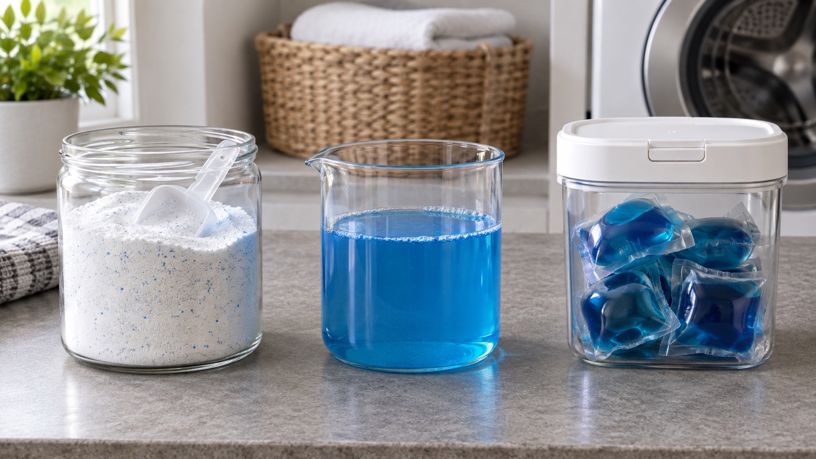 Equal comparison of unbranded laundry powder, blue liquid detergent, and single-dose packets in a closed container.