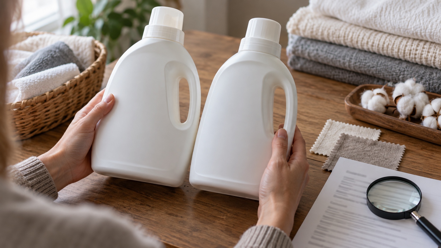 Shopper comparing two plain detergent bottles beside fabric swatches, an ingredient sheet, and a magnifying glass.
