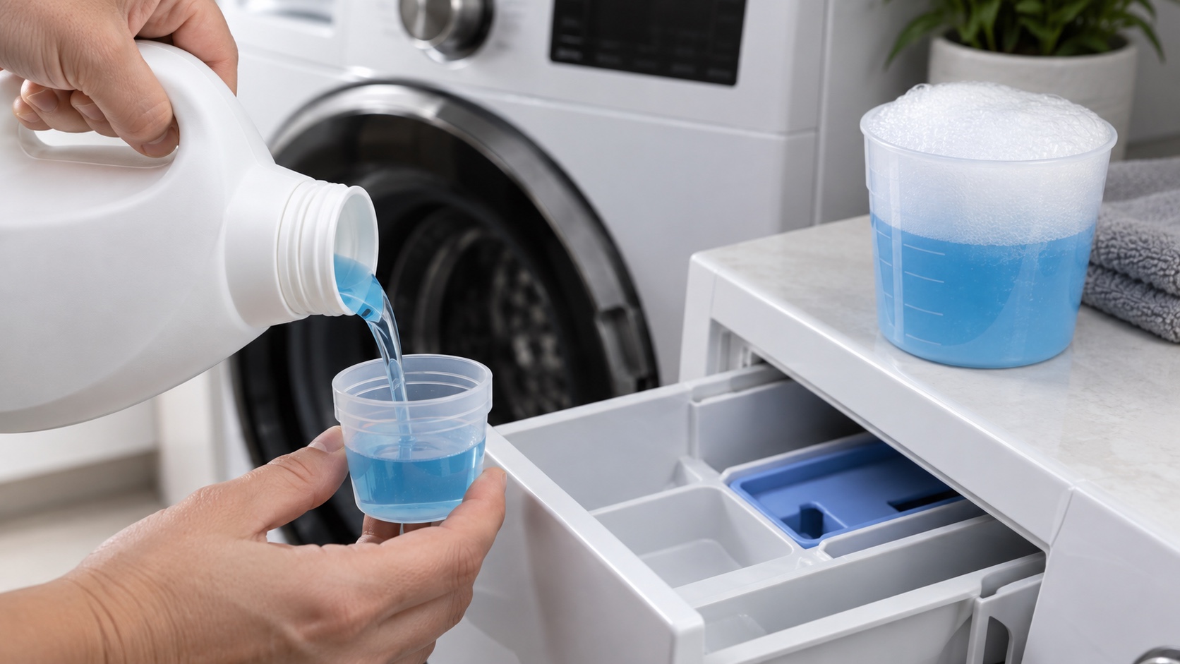 Adult measuring a small dose of blue liquid detergent beside a front-loading washer and an oversized foamy cup.