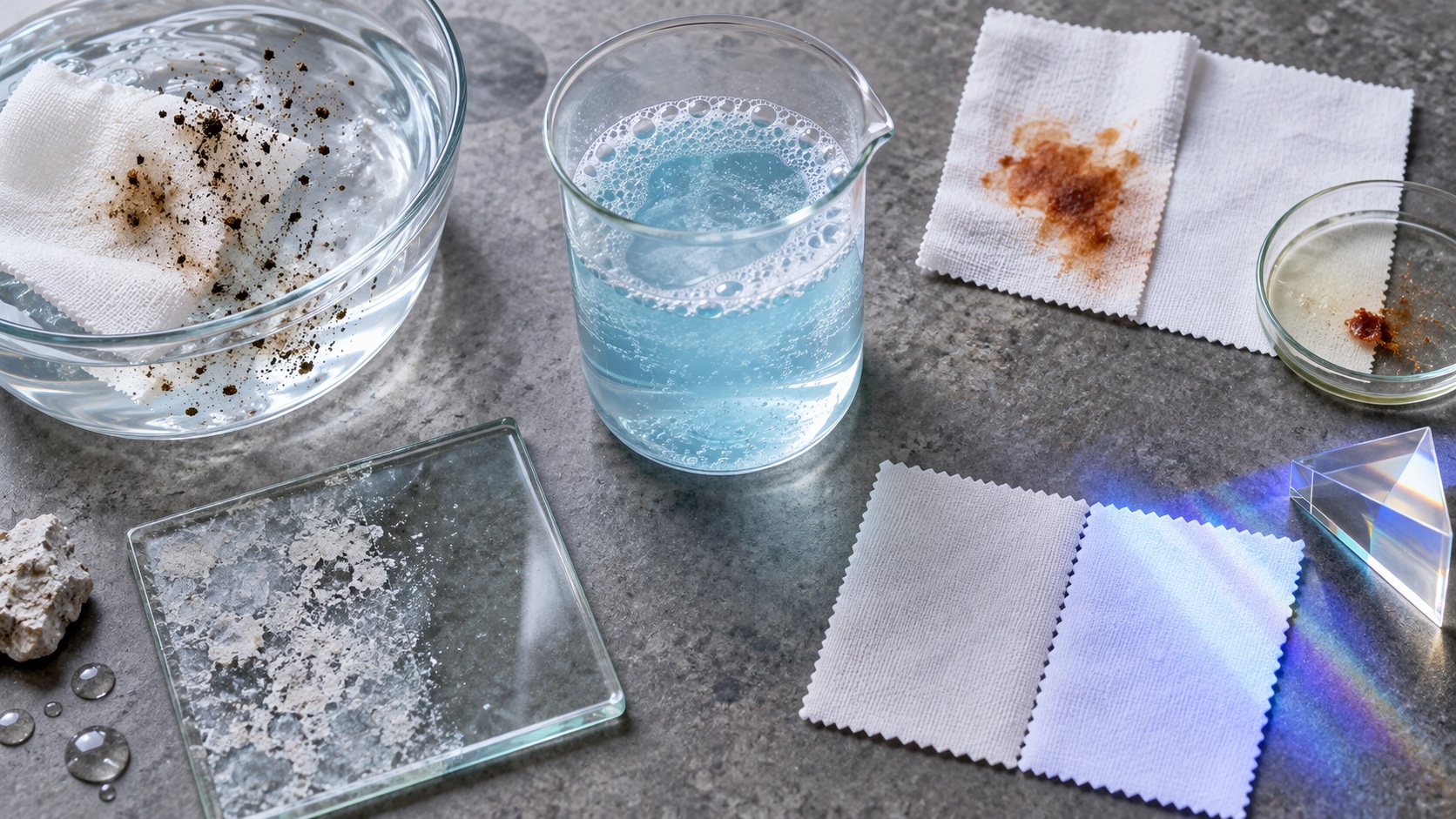 Laboratory still life with detergent solution, stained fabric samples, mineral residue, and bright white textile swatches.