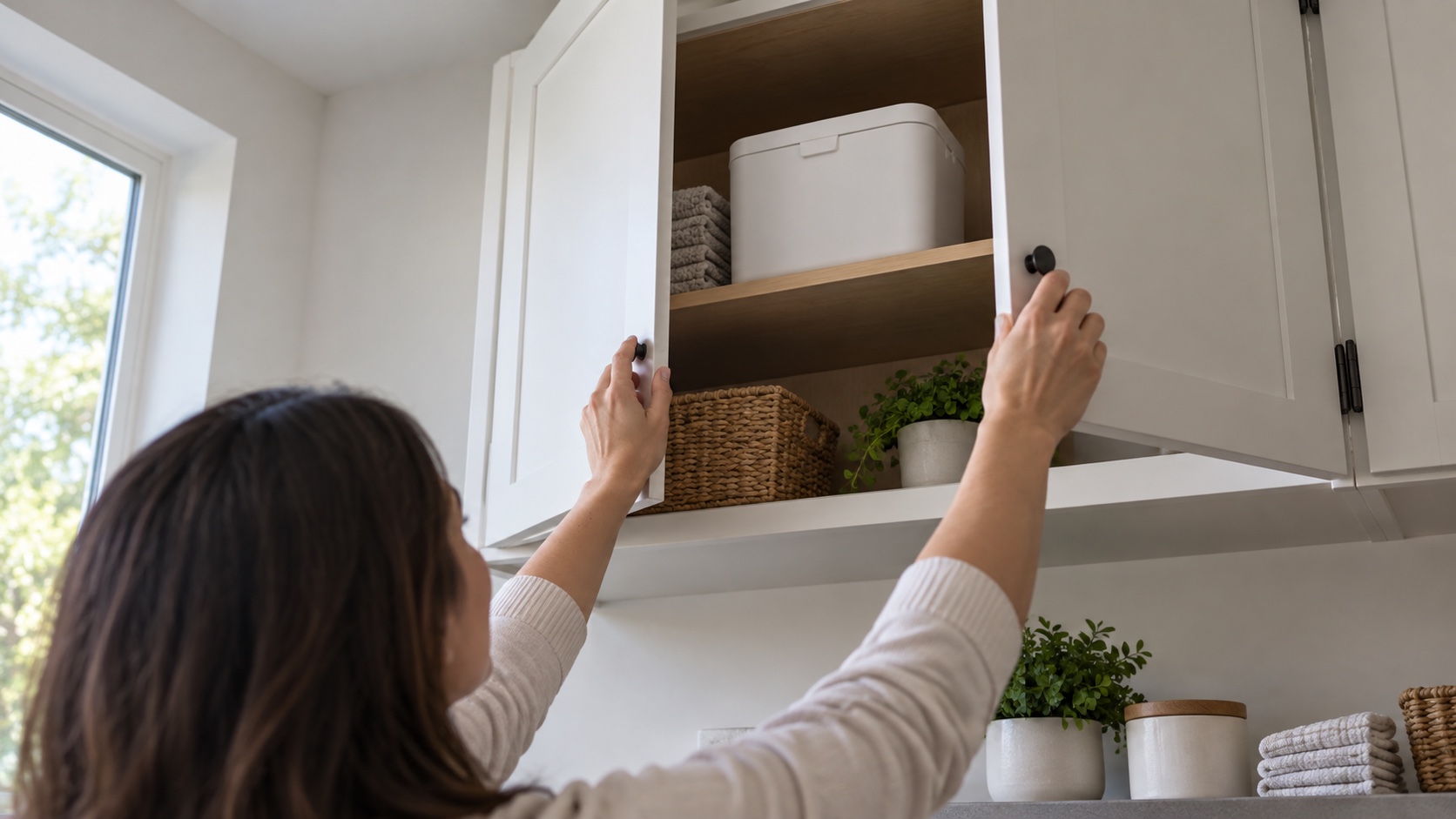 Adult closing a high laundry cabinet containing a sealed opaque storage container above the household work area.