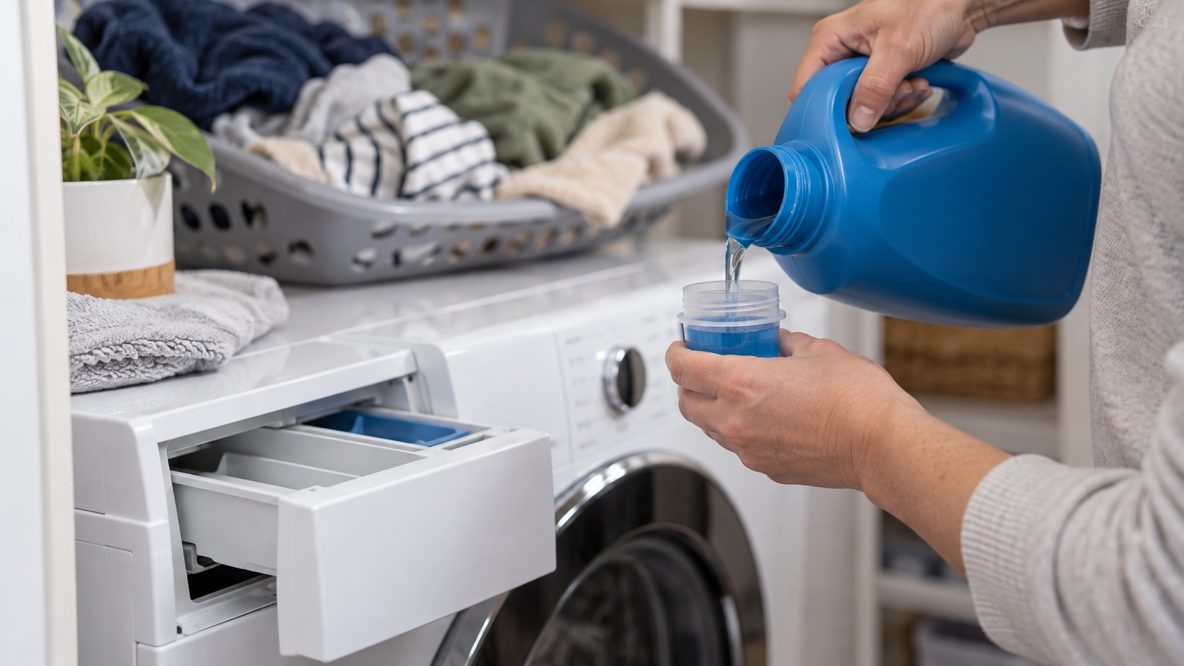 Liquid laundry detergent being measured into a small cap beside an open front-load washer dispenser.