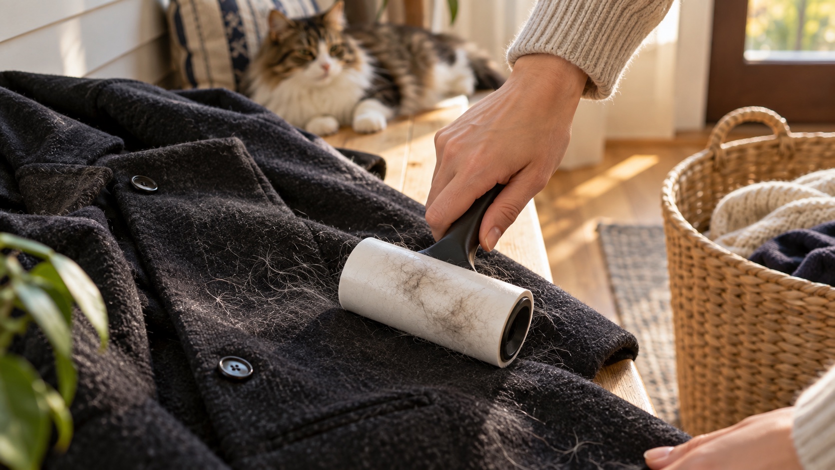 Lint roller lifting pale pet hair from a dark coat while a cat rests in the background.