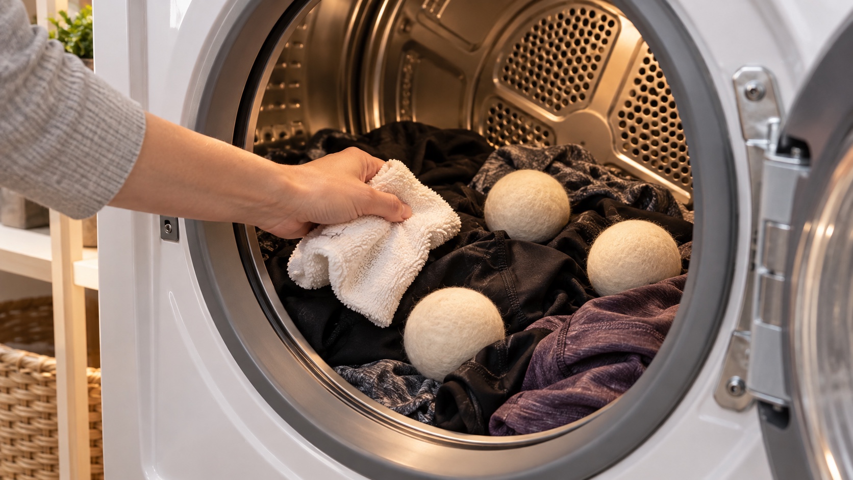 Hand placing a lightly damp washcloth and three wool dryer balls into a stopped dryer with synthetic workout clothes.