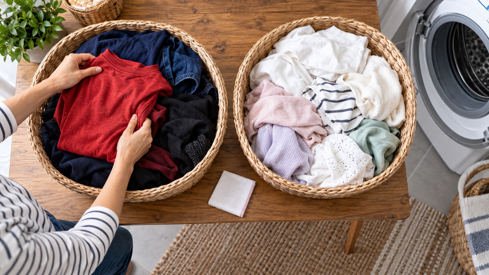 Two laundry baskets separating a red shirt and dark clothes from white and pastel garments beside a washer.