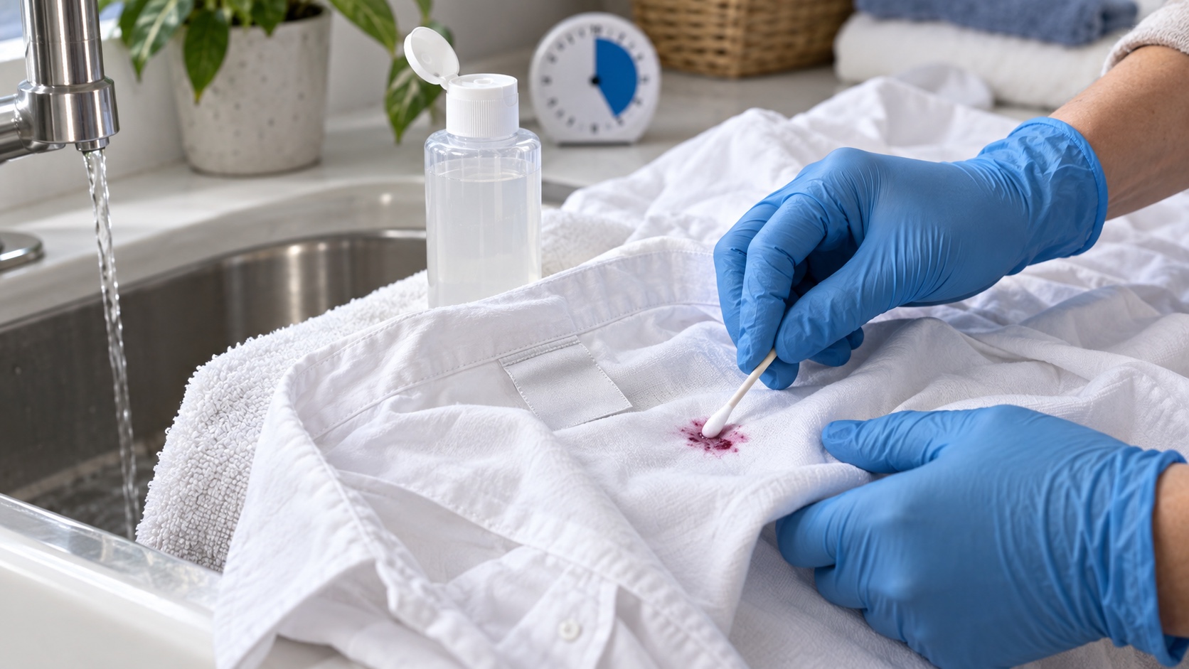 Gloved hands applying a small amount of clear stain treatment to a berry-colored spot on a white shirt at a laundry sink.