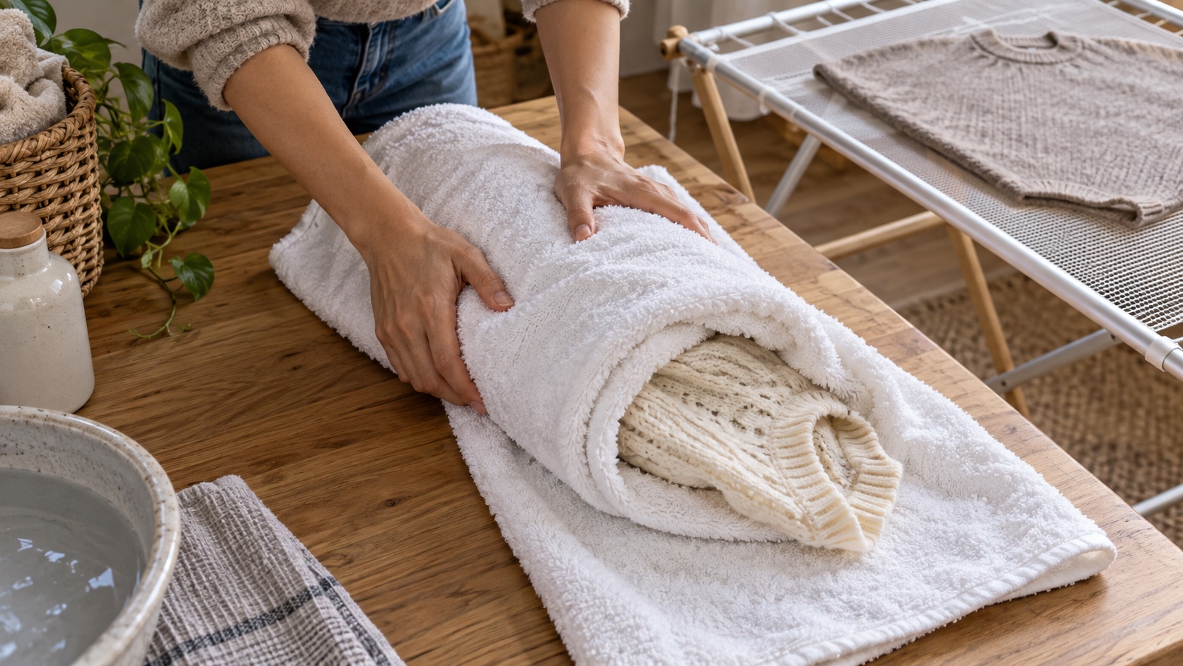 Hands rolling a cream knit sweater inside a thick white towel on a wooden laundry table.