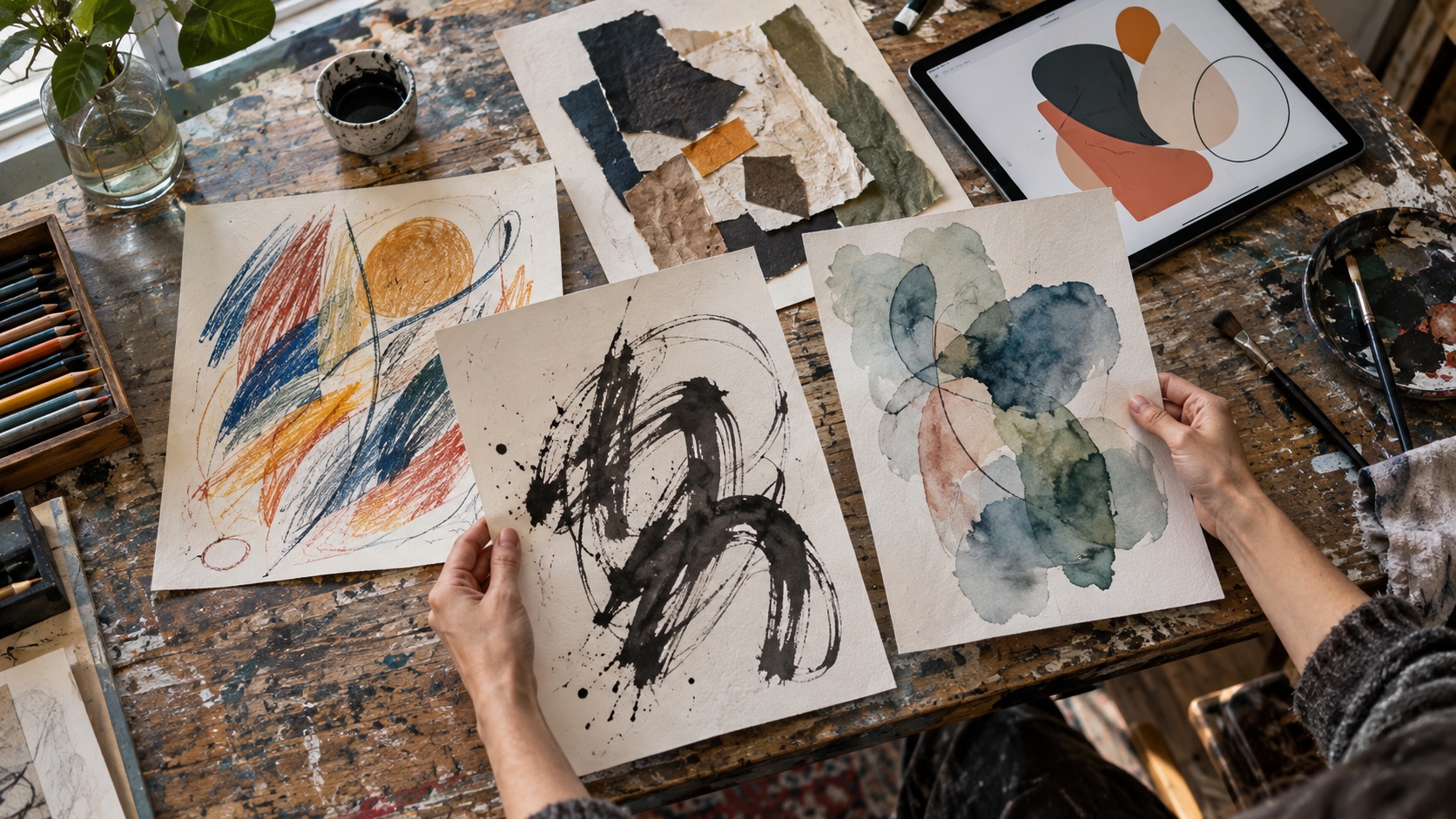 Artist comparing abstract ink, watercolor, pencil, collage, and digital animation studies on a worktable.