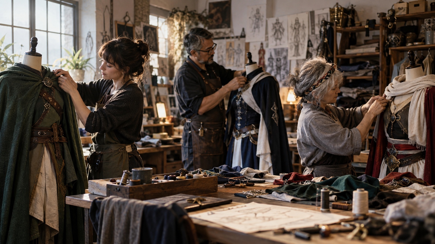 Three costume makers adjusting original fantasy outfits on dress forms in a sunlit workshop.