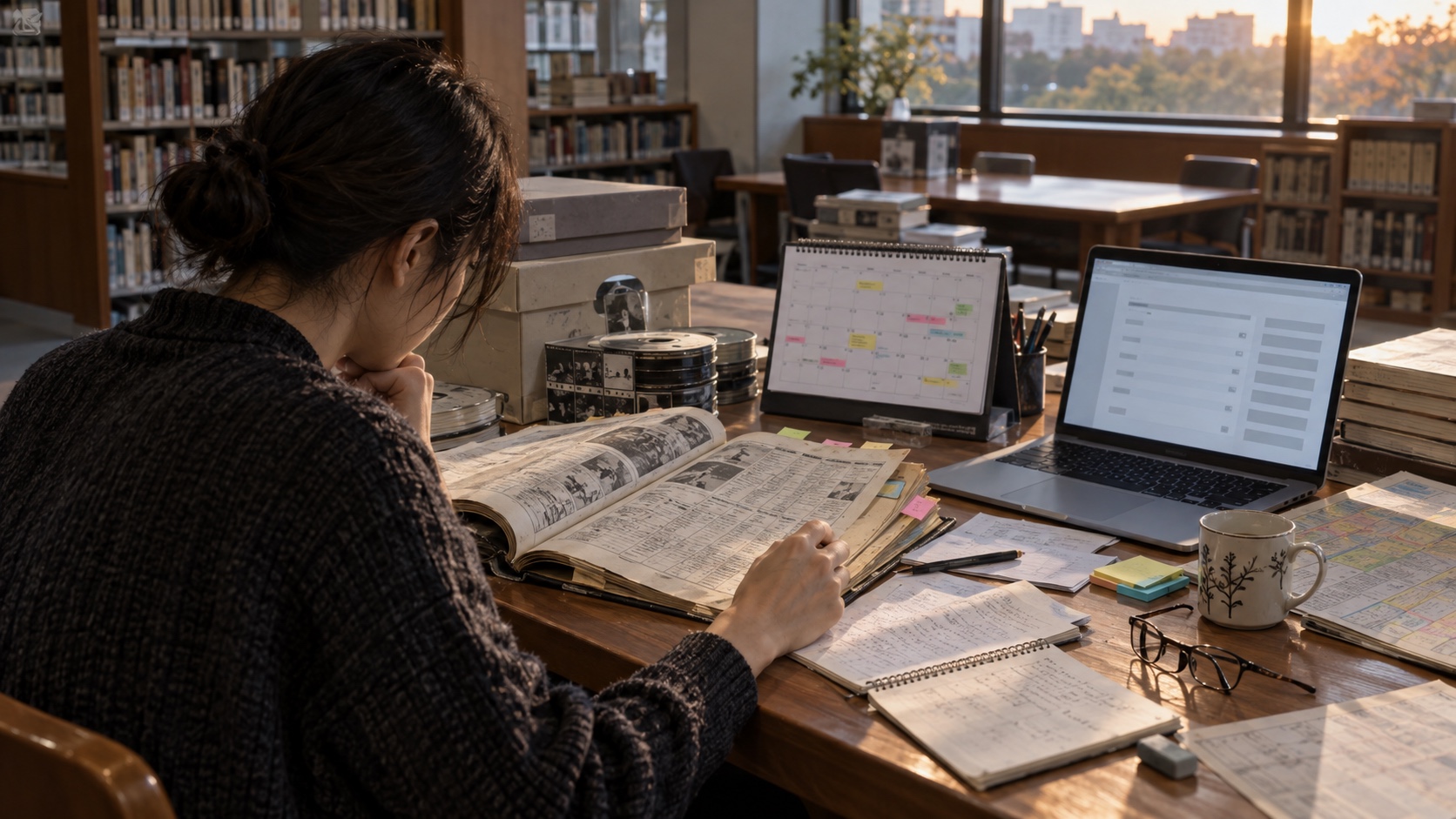 Media researcher comparing archive binders, a calendar, and a laptop at a library table.