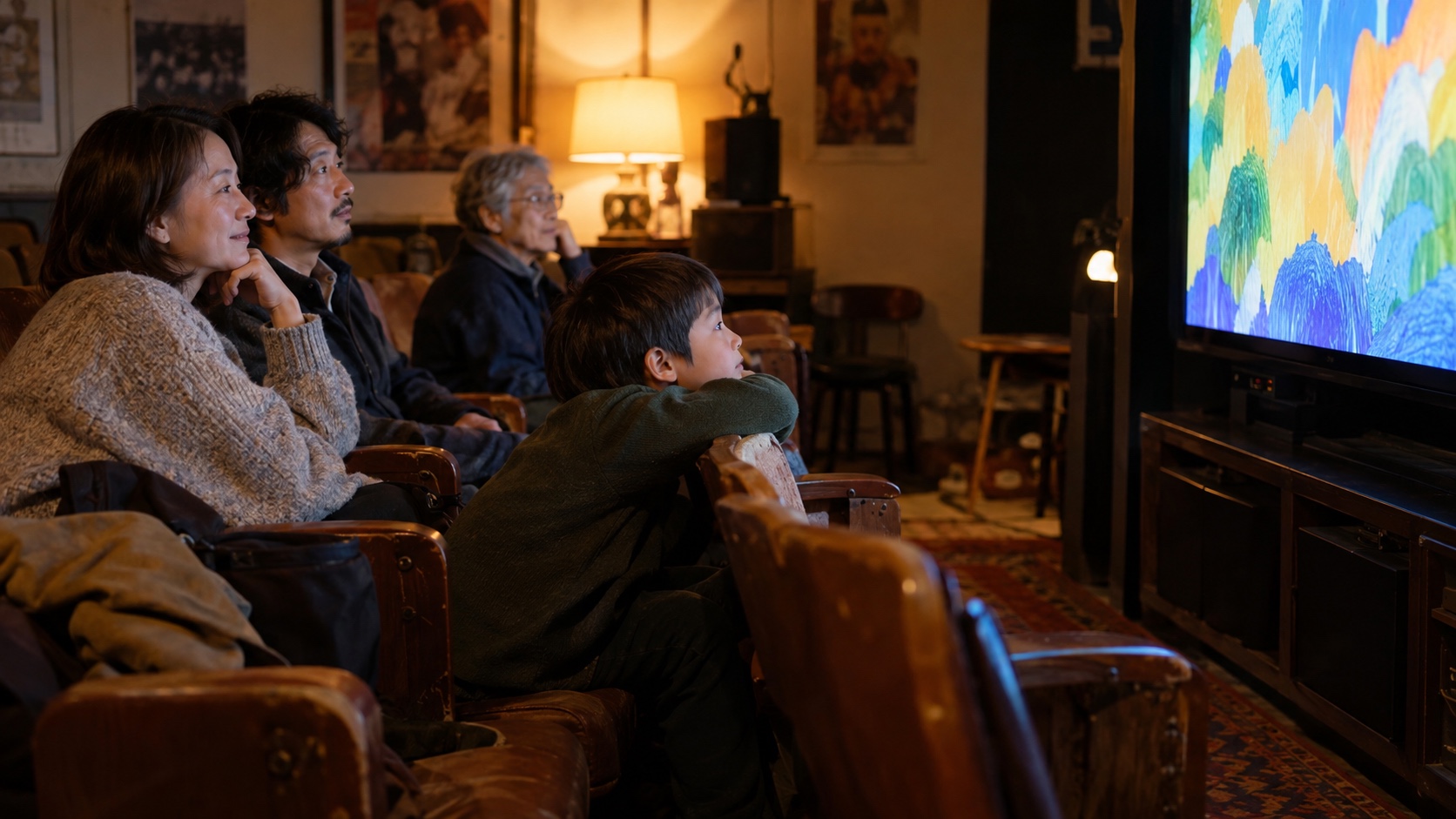 A child, two parents, and an older adult watching abstract animation in a small screening room.