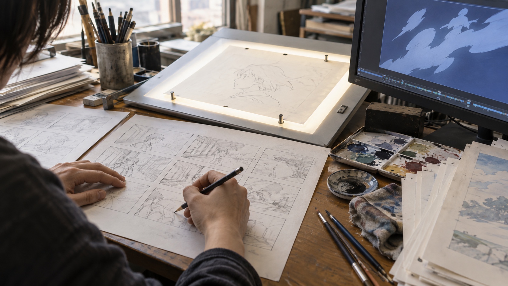 Animator drawing generic storyboard panels at a light table in a working production studio.