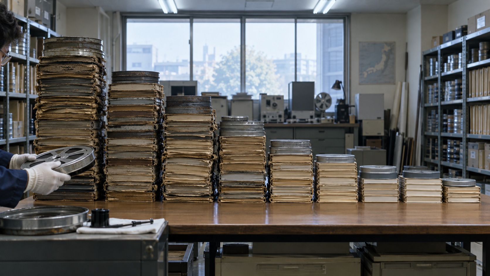 Ten descending stacks of worn broadcast folders and film cans in a Japanese media archive.