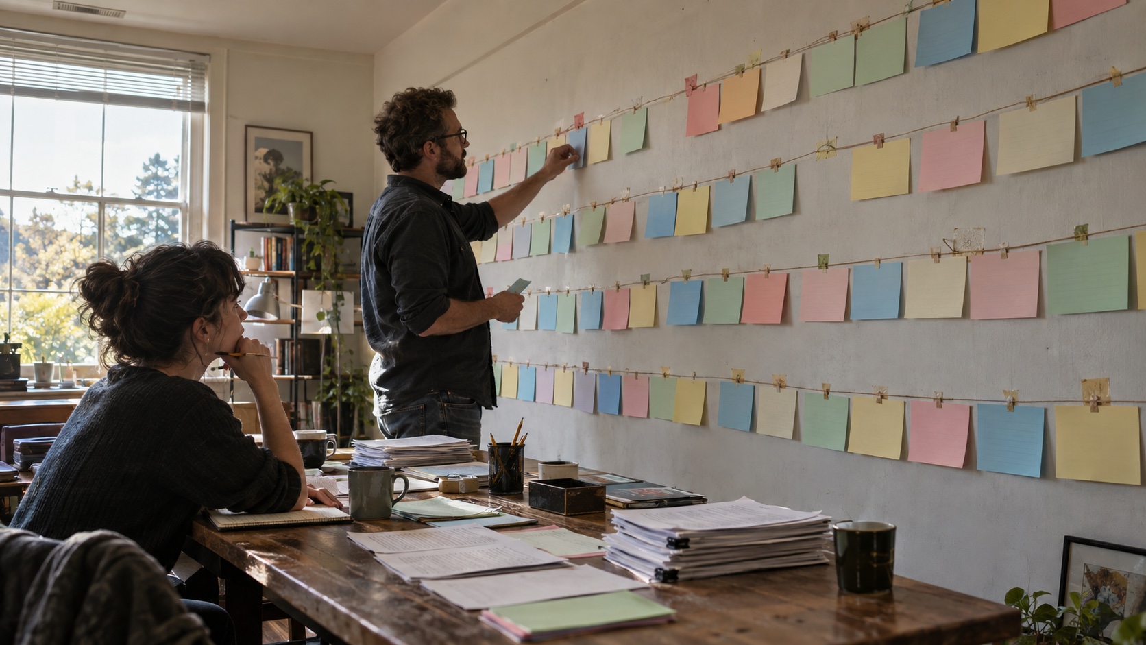Two writers reviewing a long wall of blank color-coded story cards in a production room.