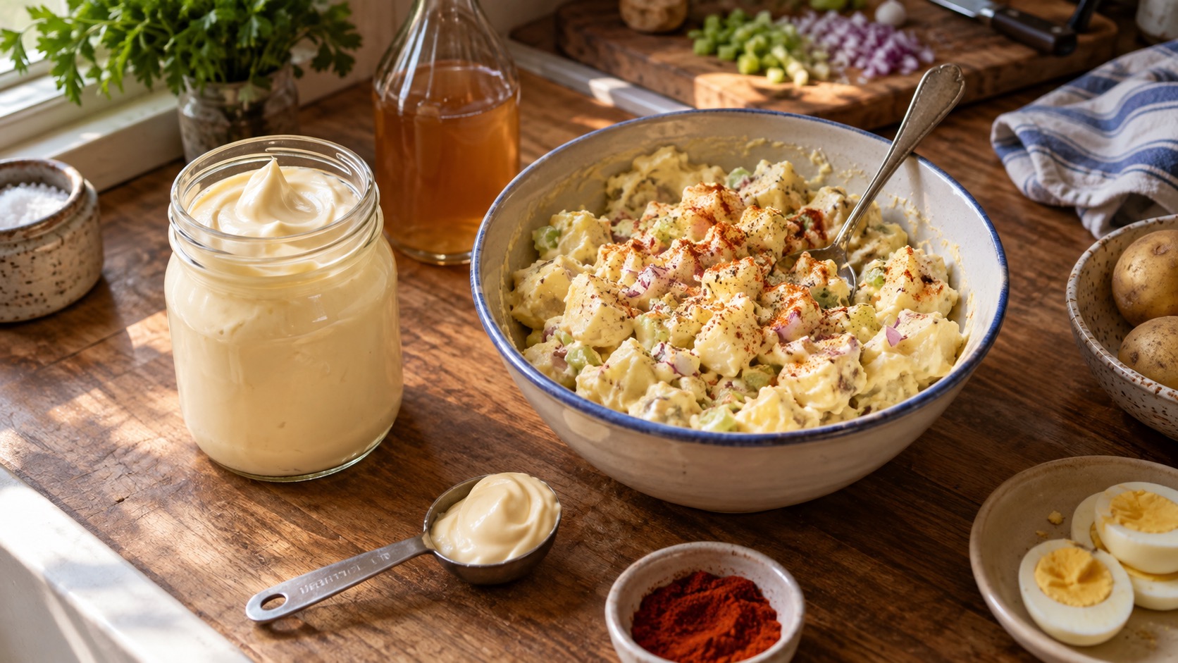 Thick mayonnaise beside Southern-style potato salad, cider vinegar, paprika, eggs, and a tablespoon measure.