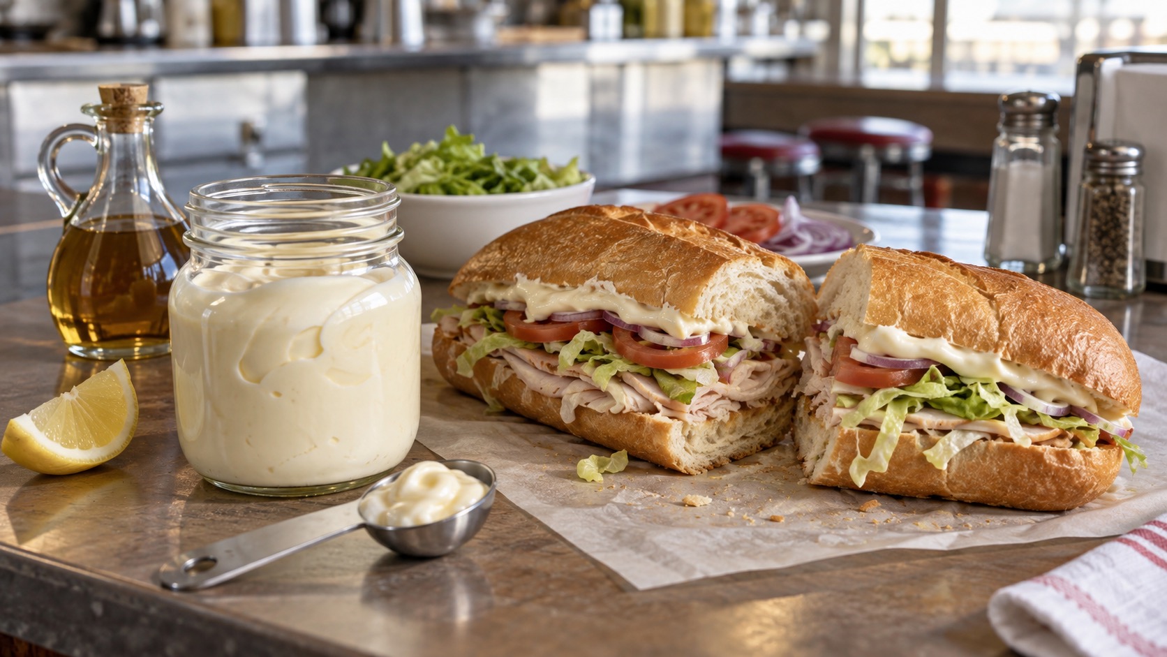 Creamy mayonnaise beside a fresh hoagie, vinegar, lemon, eggs, and a metal tablespoon measure.