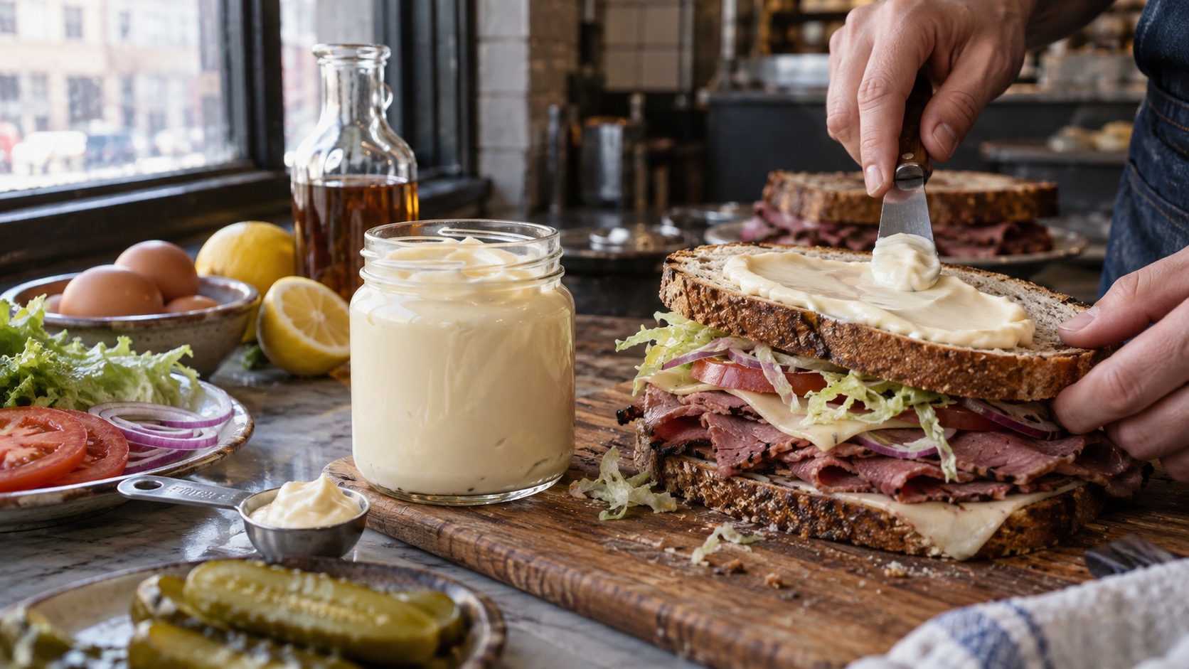 Classic mayonnaise being spread on a deli sandwich beside eggs, lemon, vinegar, and a tablespoon measure.