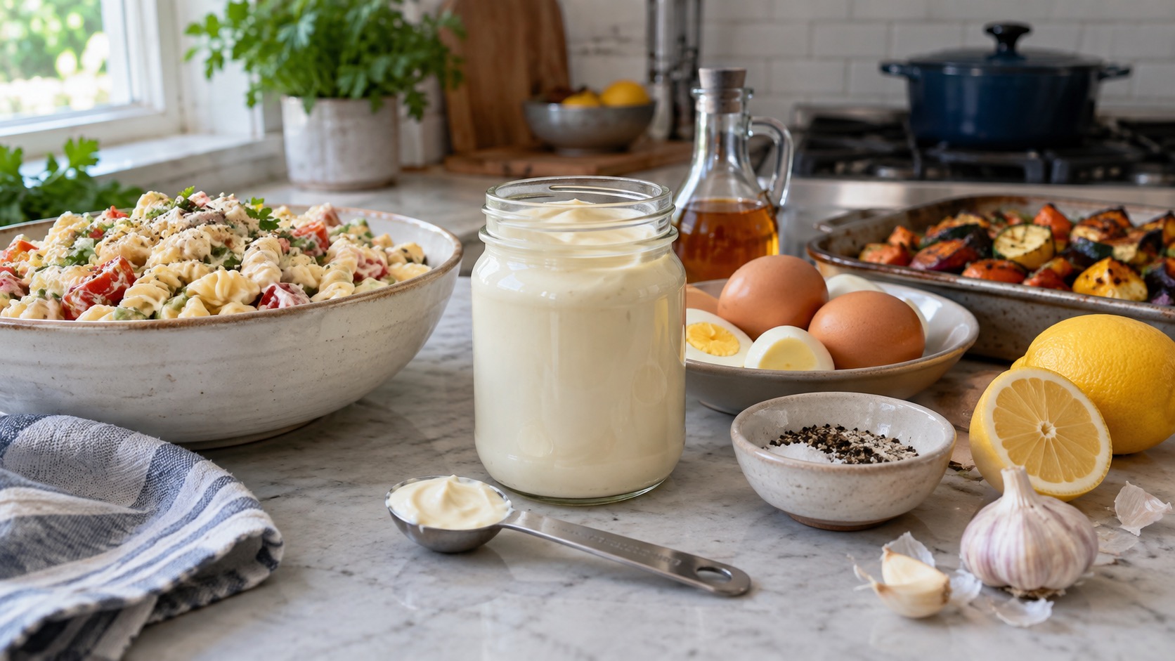 Smooth mayonnaise beside pasta salad, roasted vegetables, eggs, vinegar, lemon, garlic, and a tablespoon measure.