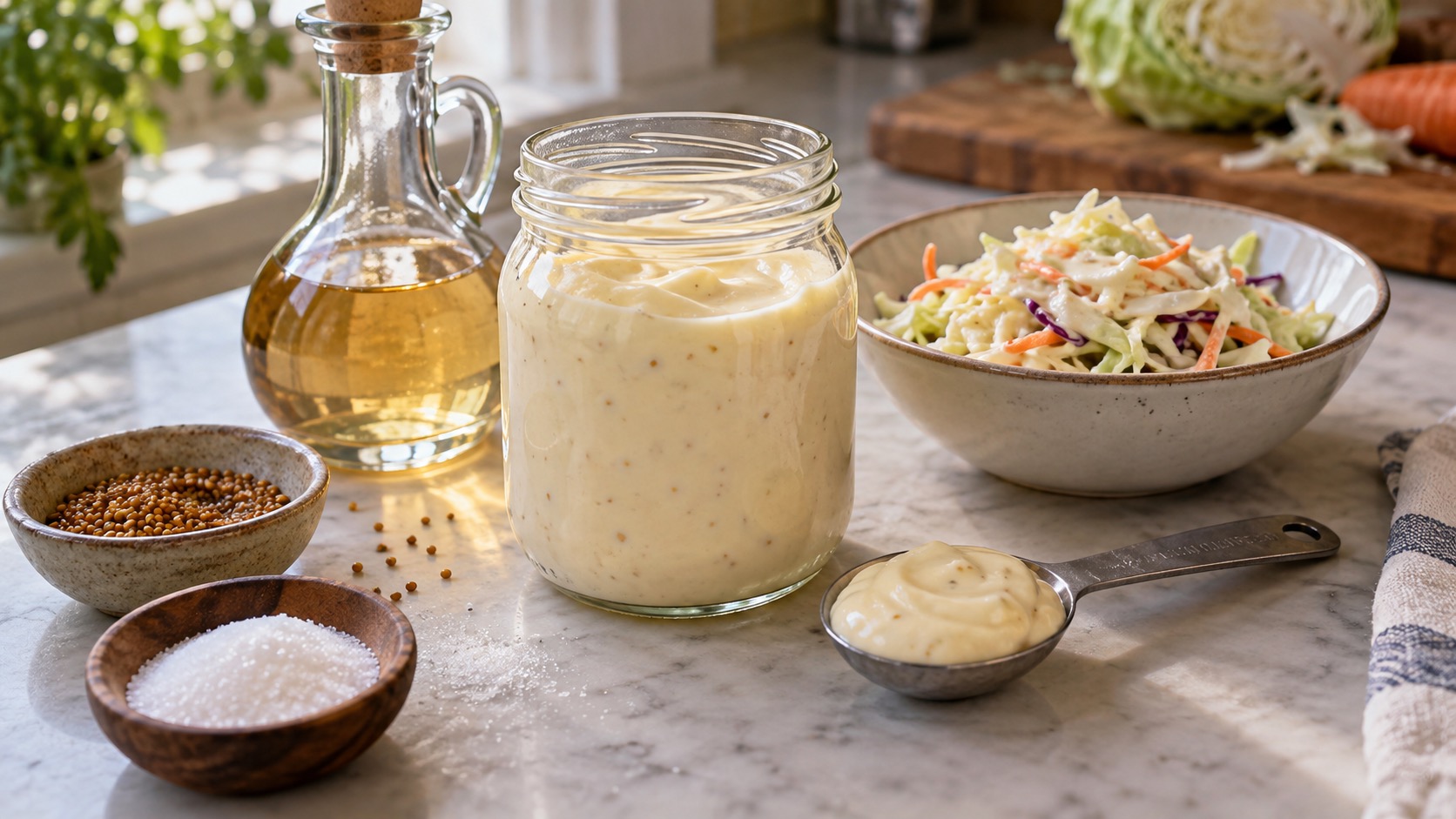 Sweet-tangy mayo-style dressing beside coleslaw, vinegar, mustard seed, sugar, and a tablespoon measure.