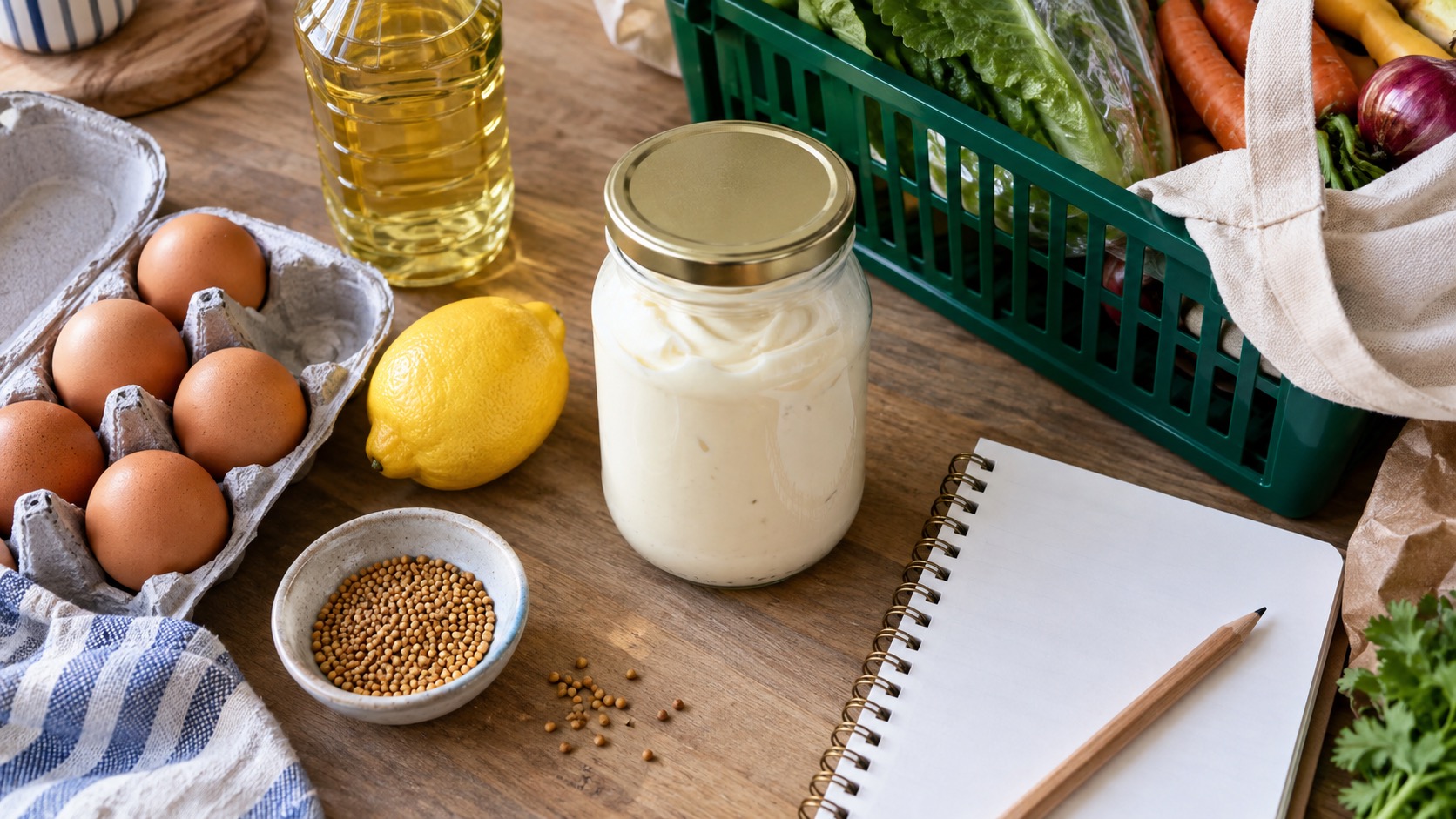 Unbranded mayonnaise checked beside groceries, eggs, oil, lemon, mustard seeds, and a blank shopping list.