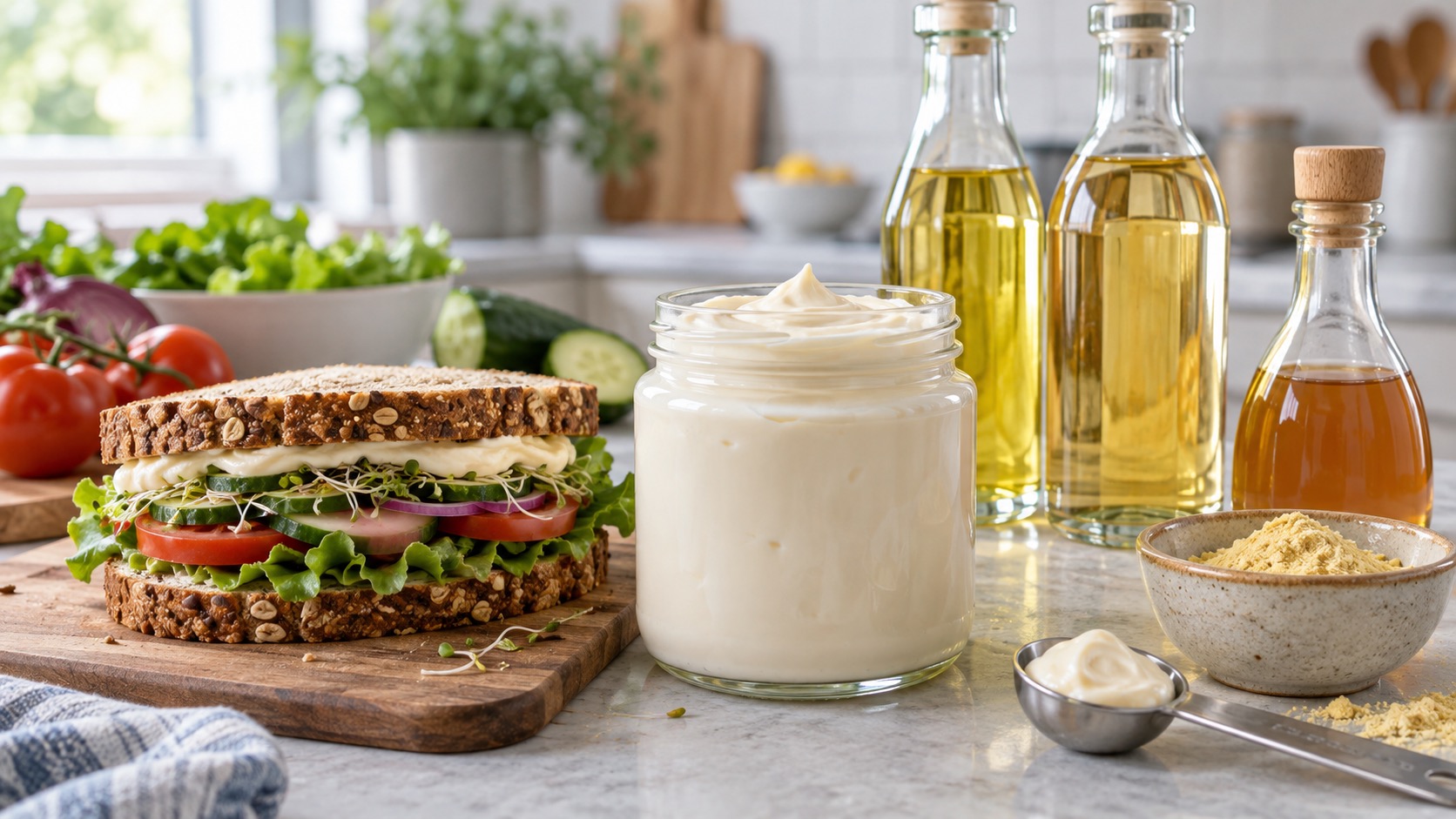 Egg-free creamy spread beside a vegetable sandwich, plant oils, apple cider vinegar, mustard, and a tablespoon measure.