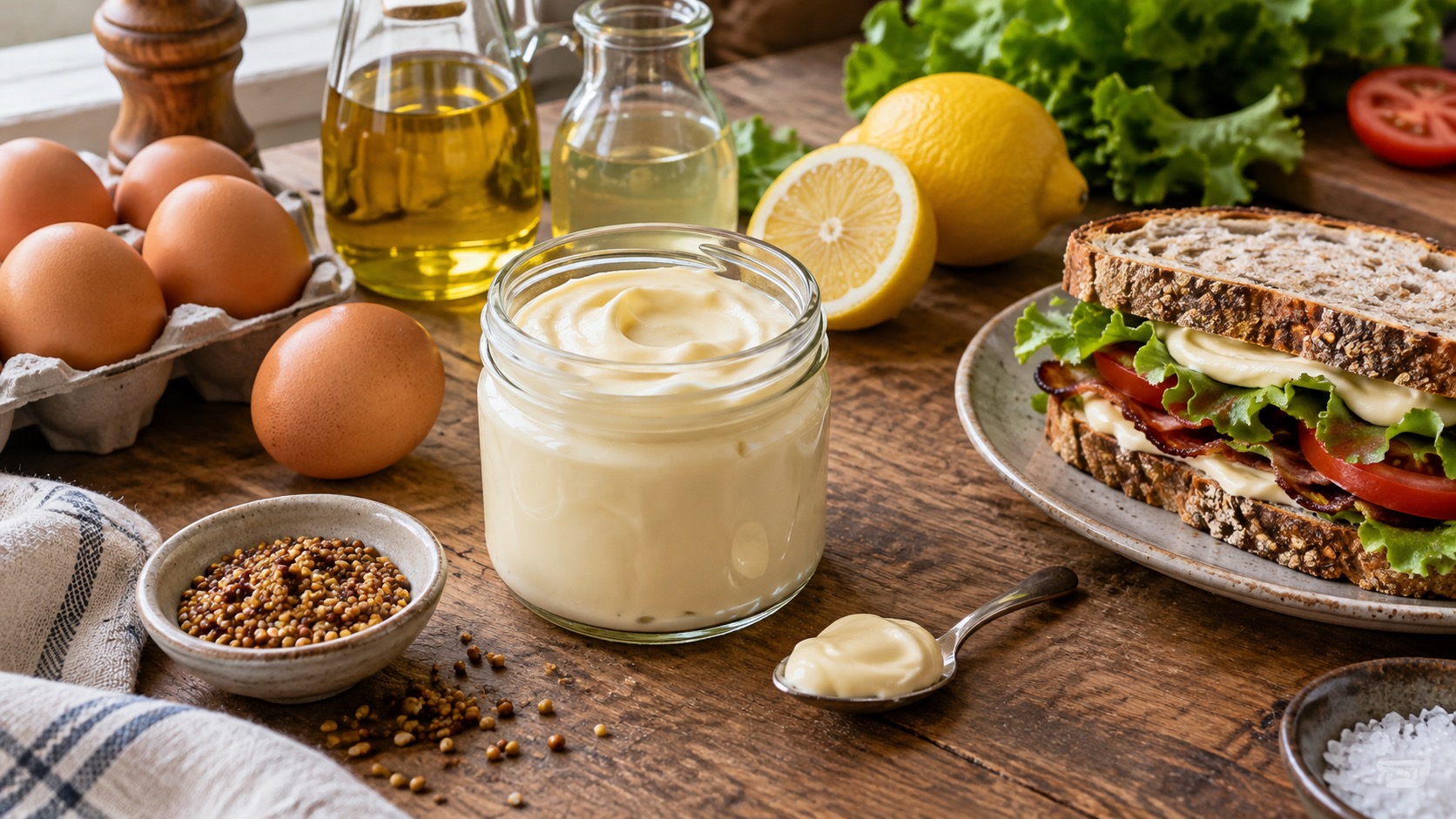 Organic-style mayonnaise beside eggs, canola oil, vinegar, lemon, mustard seeds, and a fresh sandwich.