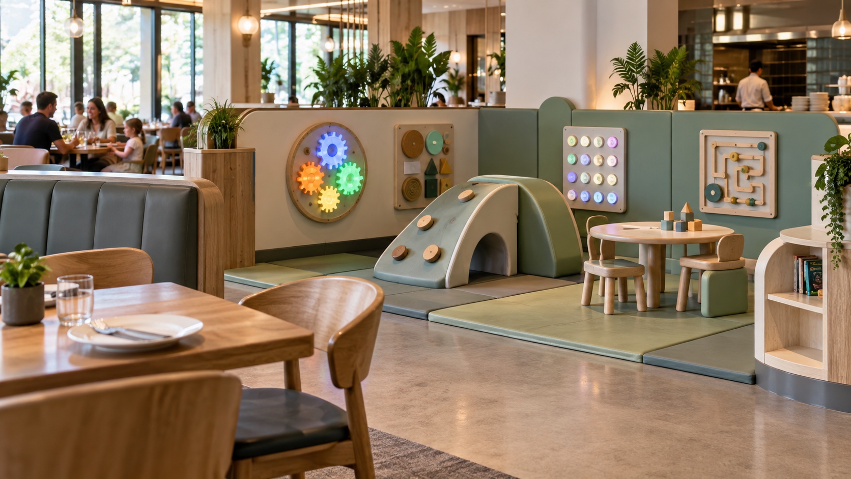 Compact modern restaurant activity corner with rounded climbing pieces and interactive wall panels.