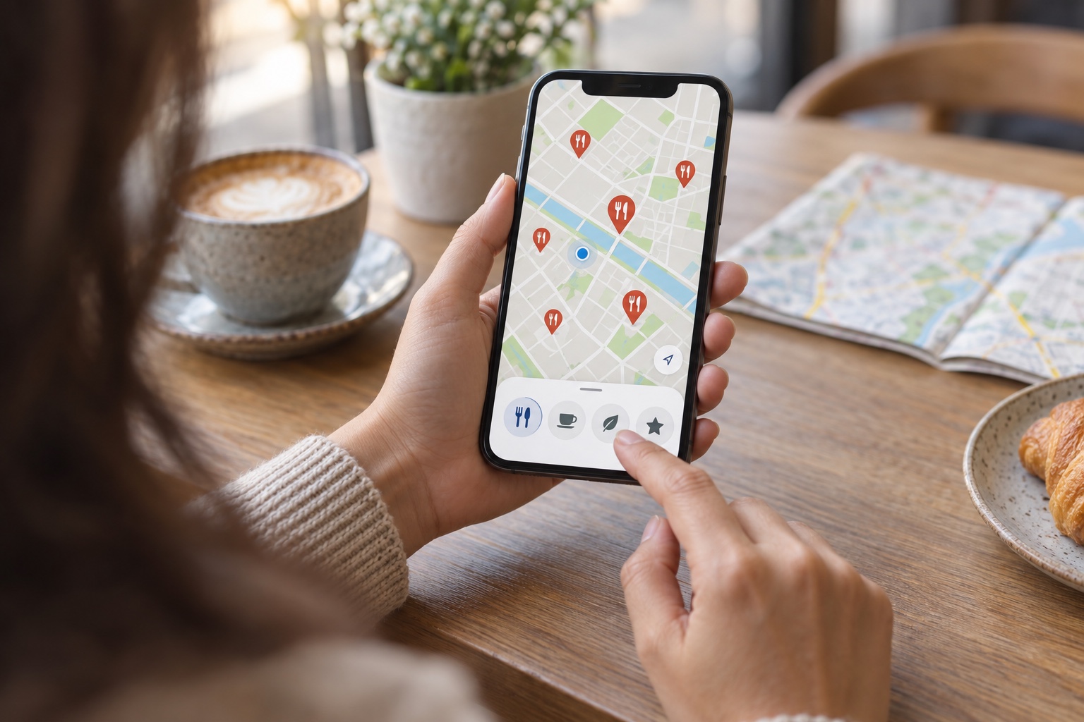 Person using a generic restaurant map locator with service-filter icons on a smartphone.