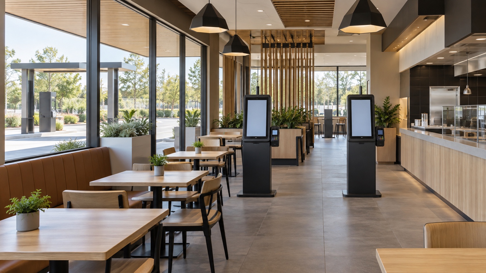 Modern minimalist fast-casual dining room with self-order kiosks and compact seating.