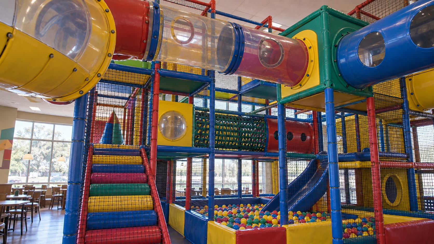Multi-level indoor play structure with colorful modular crawl tubes, netting, and a ball pit.