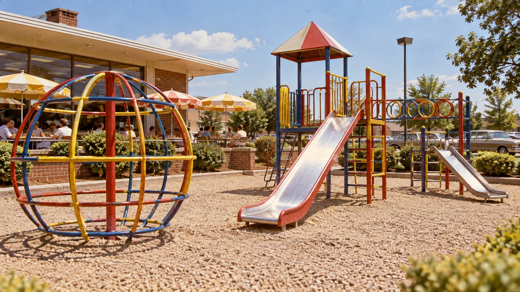 Nostalgic early-1980s outdoor restaurant playground with colorful metal climbing equipment.