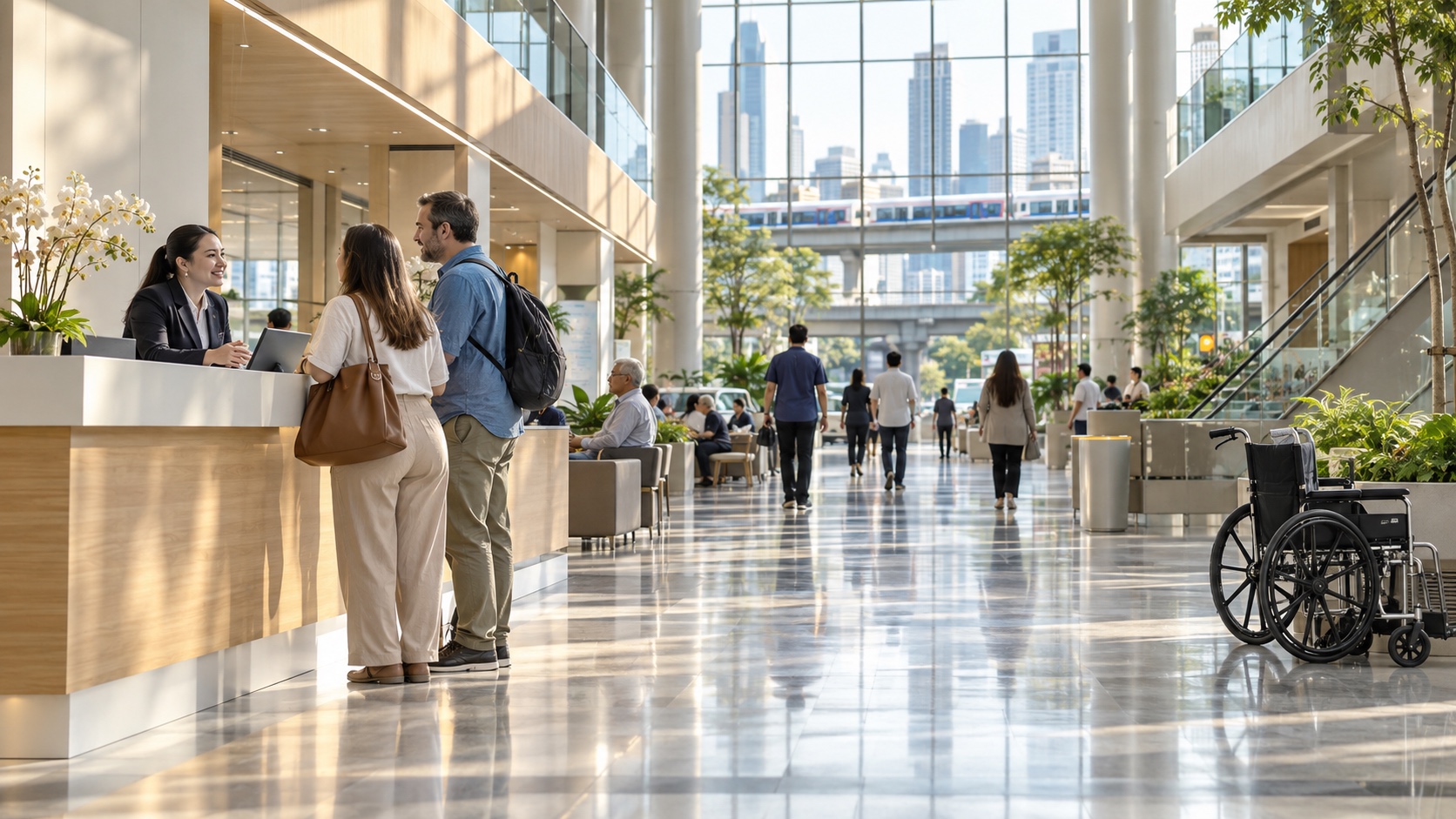 Travelers consulting a patient liaison in a spacious unbranded Bangkok hospital concourse illustration.