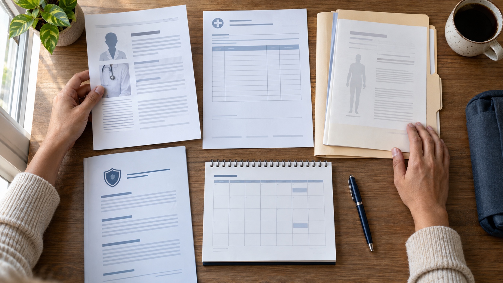 Hands comparing clinician credentials, a procedure estimate, insurance papers, medical records, and a follow-up calendar.