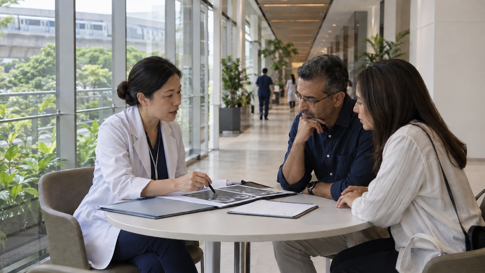 Clinician reviewing imaging and a follow-up plan with an international patient and companion in a Singapore clinic illustration.