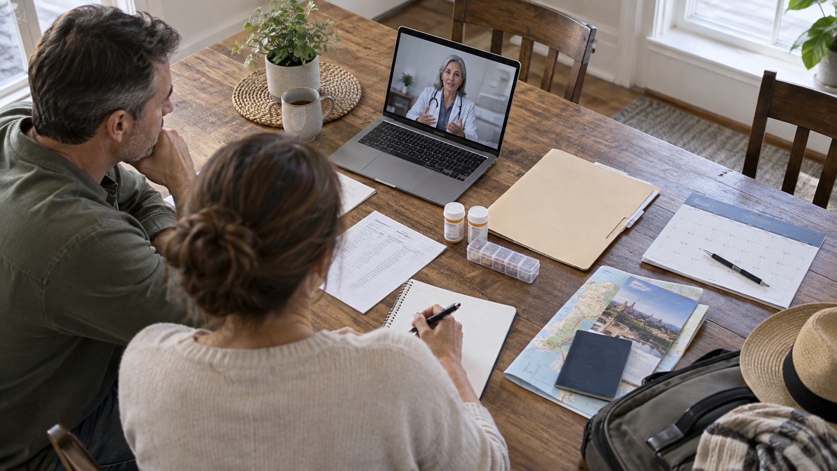 Couple discussing overseas medical plans with a clinician by video call at their dining table.