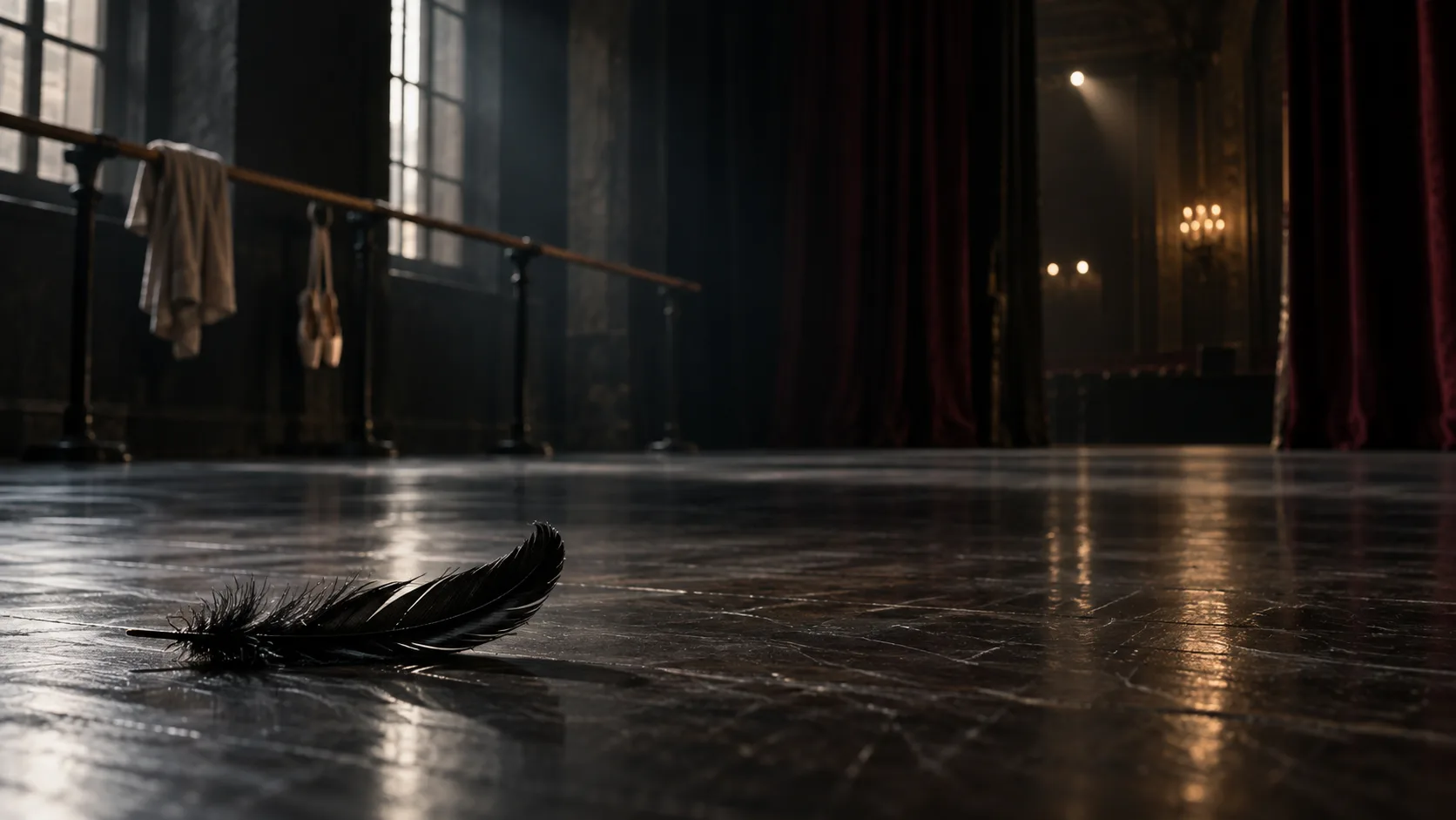 A single black ballet feather on a dramatic dark rehearsal stage floor under theatrical lighting.
