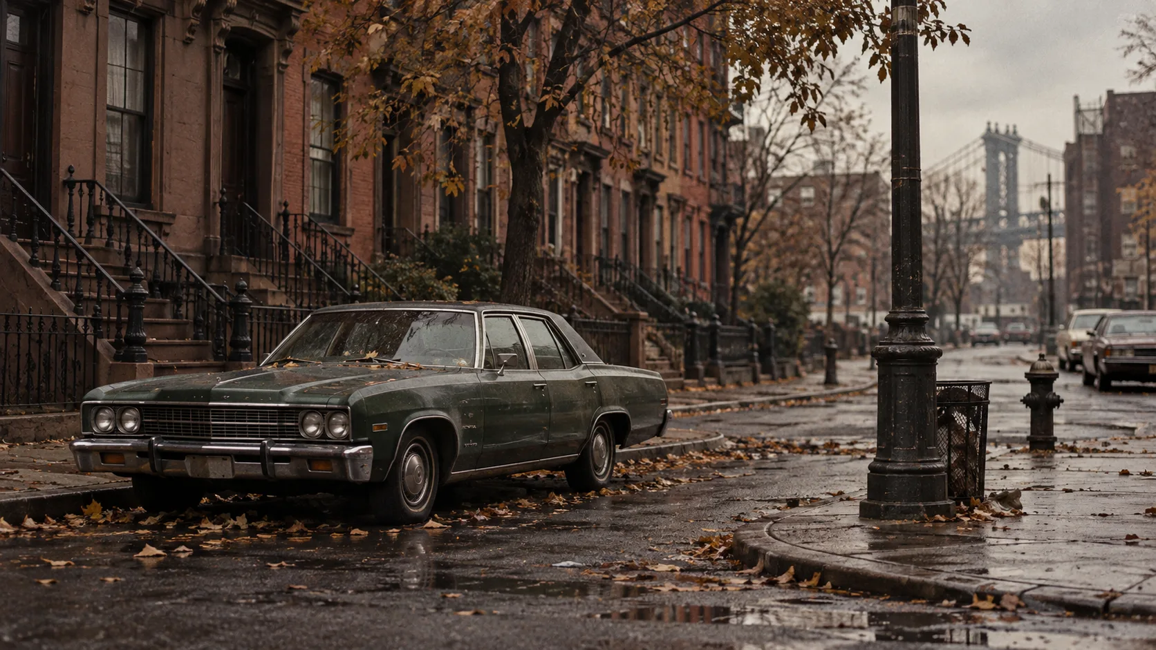 1970s urban street corner with vintage architecture and subdued period tones.