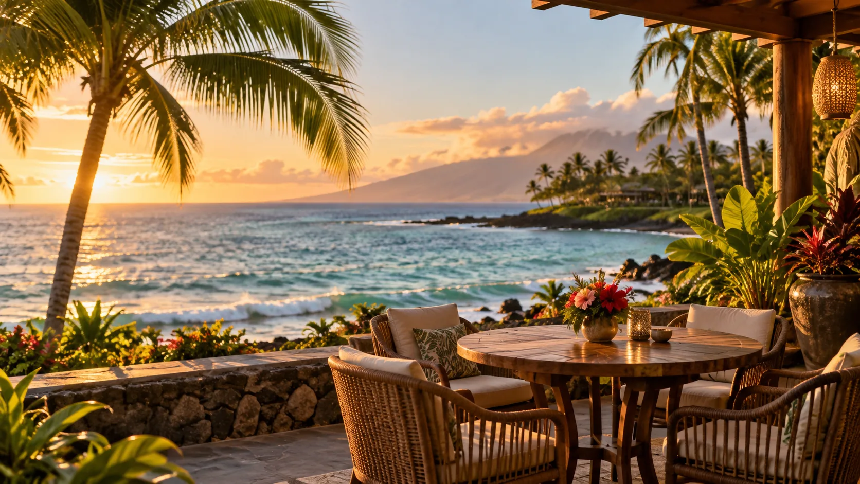 Sunlit tropical resort patio overlooking calm ocean waves during golden hour.