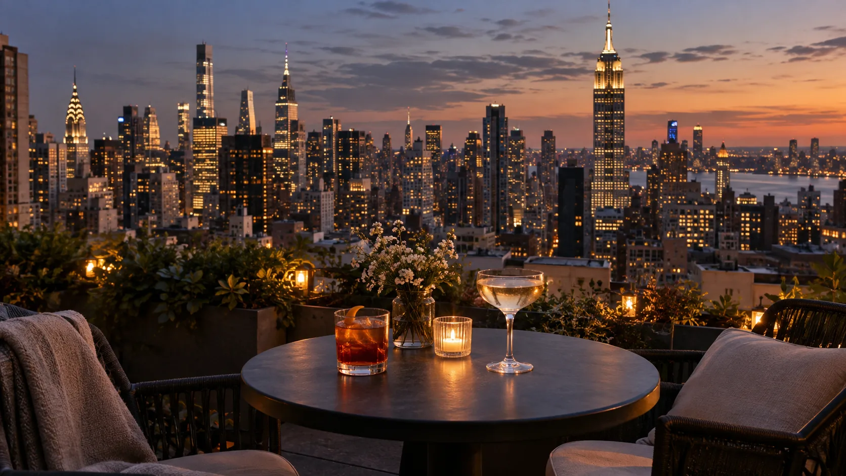 Twilight panoramic view of the New York City skyline from a relaxed rooftop terrace.