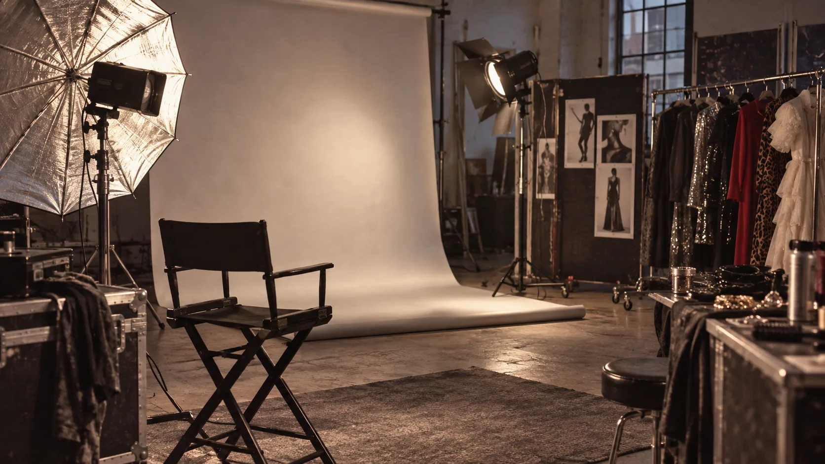 Vintage 1980s photography studio setting with studio lights and backdrop paper.