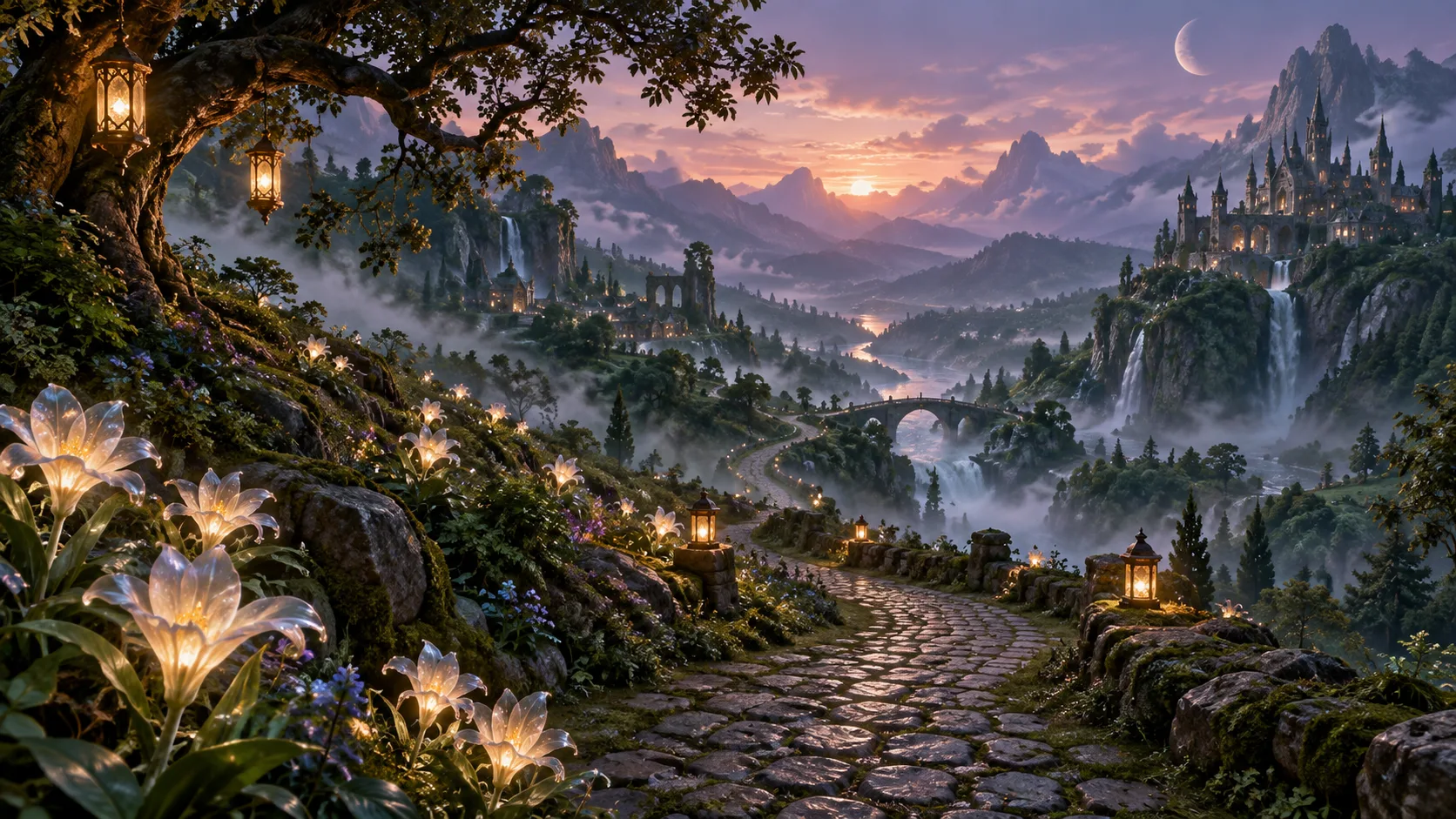 Misty green fantasy landscape with unusual blooming flora and winding stone path.