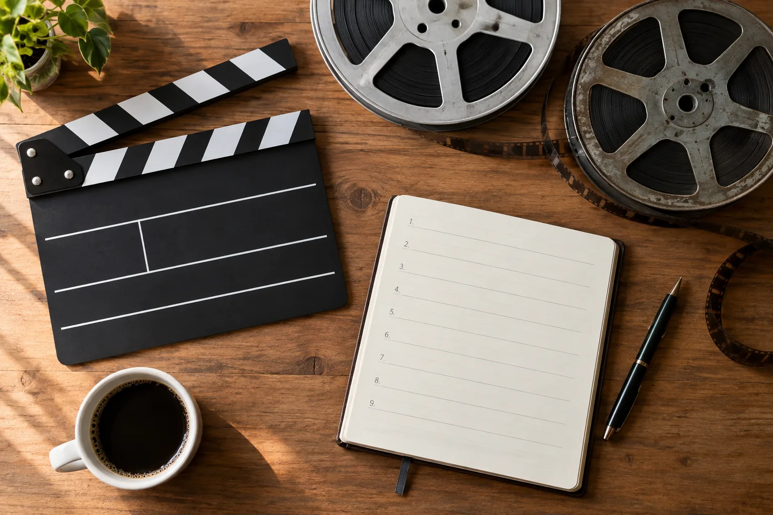 Minimalist editorial flat lay featuring a clapperboard, film reels, and notes on a desk.