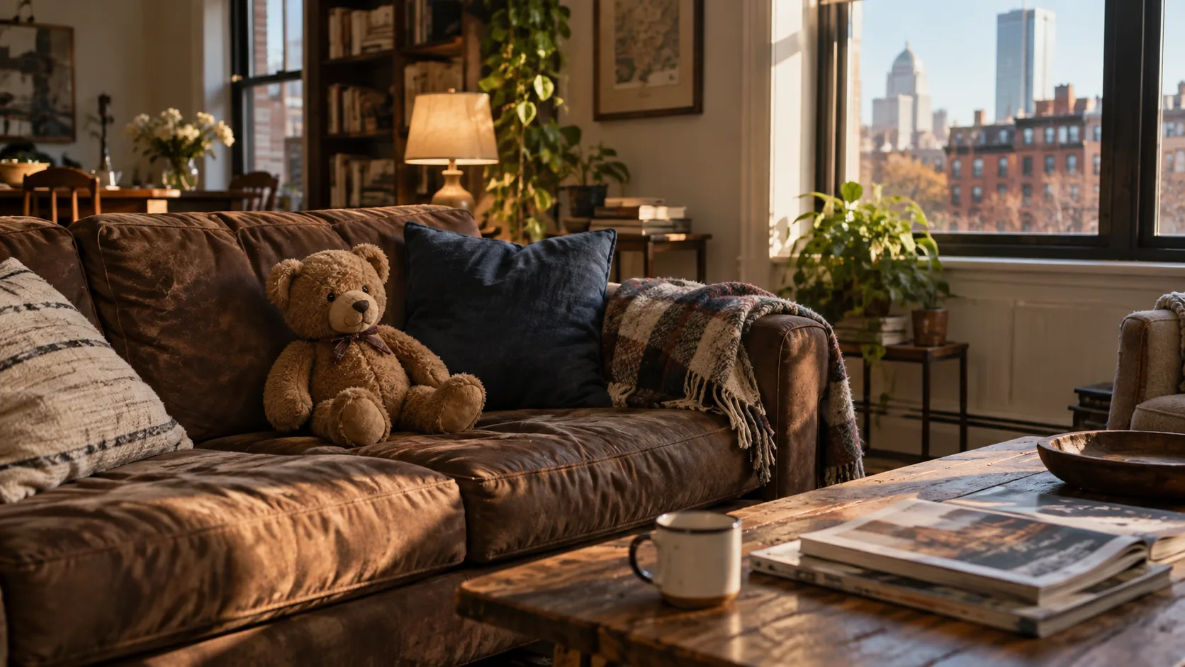 Cozy sunlit apartment living room with a vintage teddy bear sitting on an armchair.
