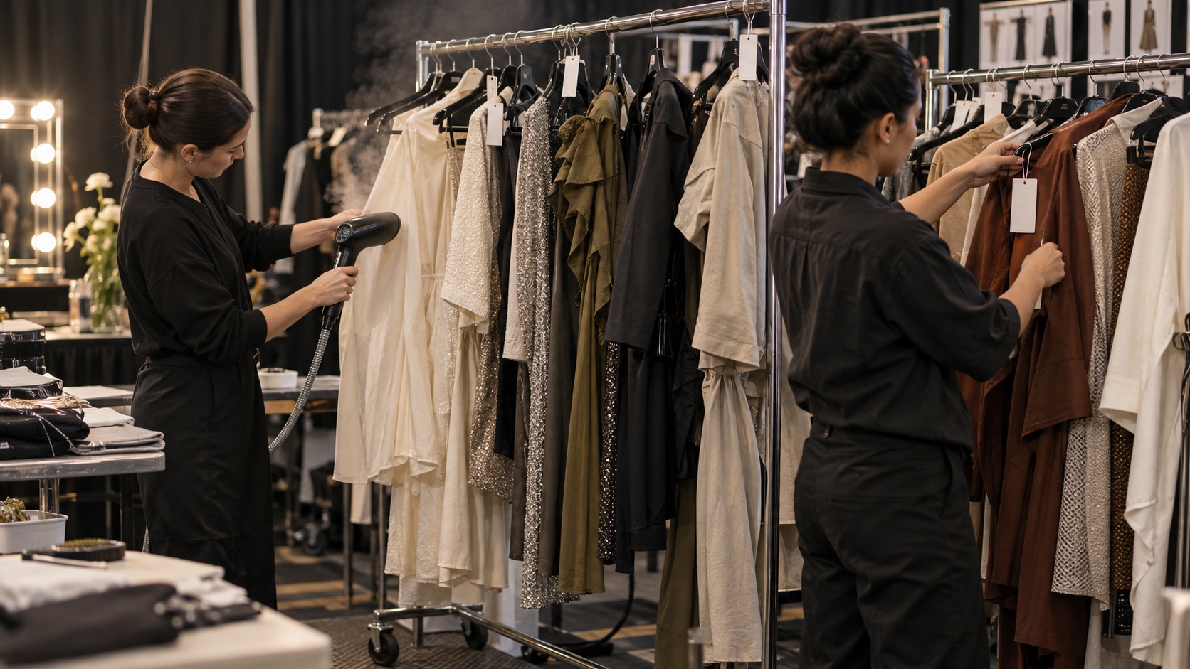 Backstage stylist checking tags and returning runway sample garments to organized clothing racks.